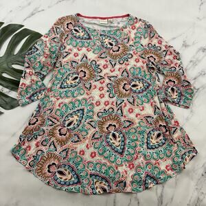 Chicos Womens Tunic Top Size 1 M Pink Green Paisley Floral 3/4 Sleeve Jersey